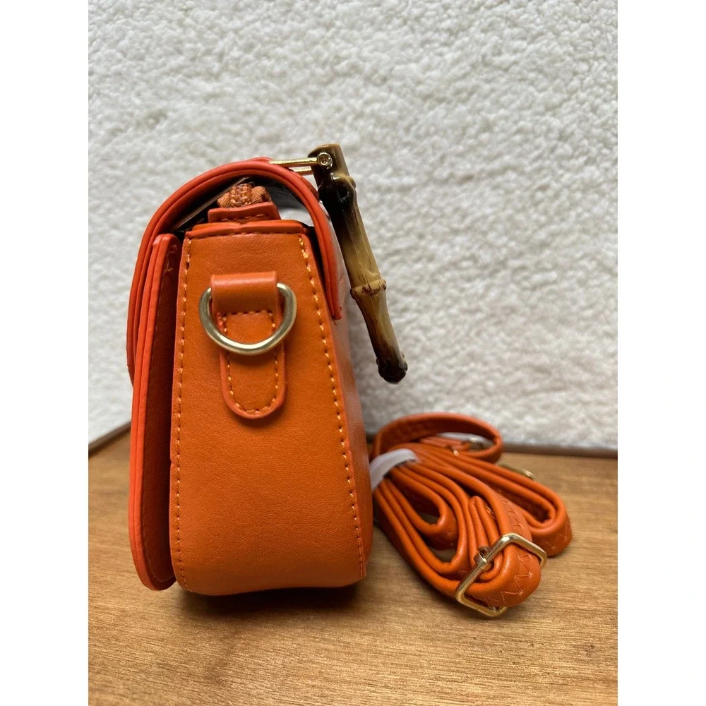 Top Handle Crossbody Purse‎ Bag Orange Faux Bamboo Handle Faux Leather Shoulder